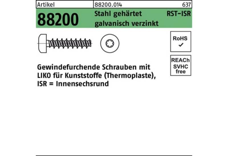 Reyher Gewindeschraube 250er Pack Gewindefurchendeschraube R 88200 Liko ISR 6x16-T25 Stahl ge von Reyher