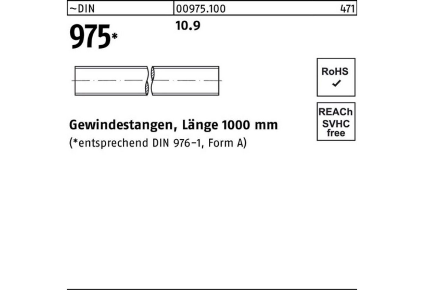 Reyher Gewindestange 100er Pack Gewindestange DIN 975 M14x 1000mm 10.9 1 Stück ~DIN 975 10 von Reyher