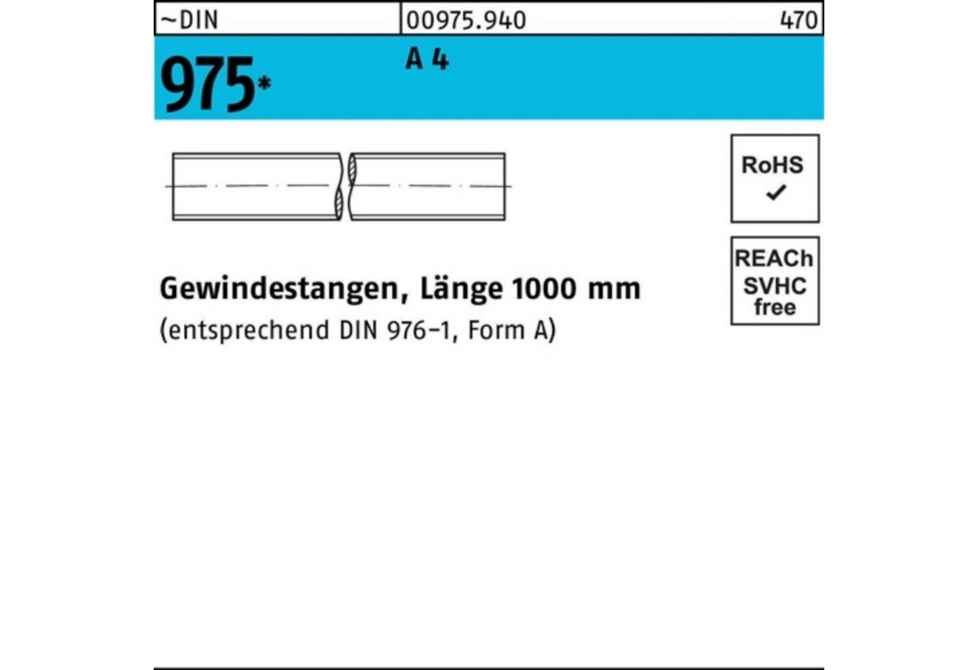 Reyher Gewindestange 100er Pack Gewindestange DIN 975 M22x 1000mm A 4 1 Stück ~DIN 975 A 4 von Reyher