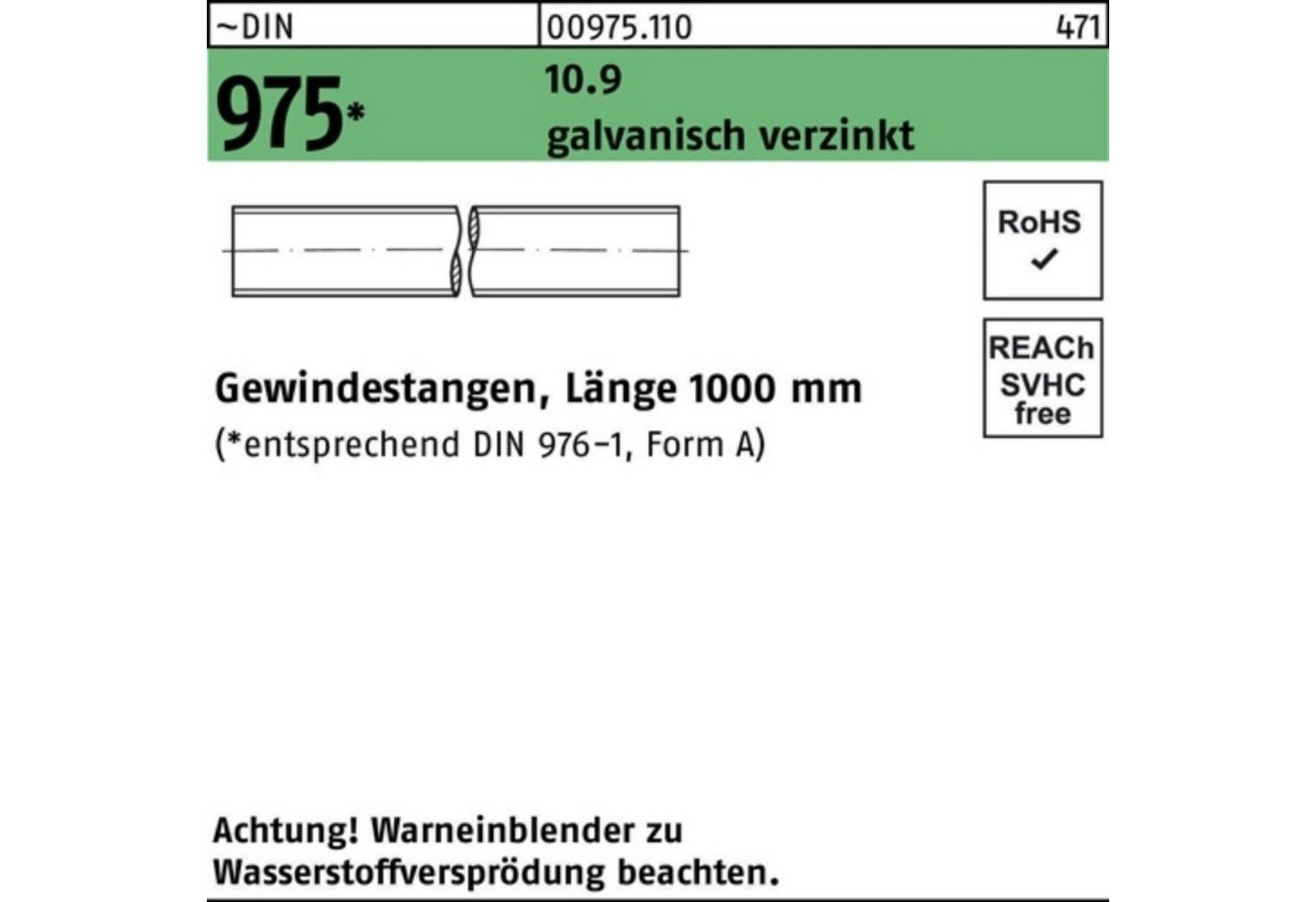 Reyher Gewindestange 100er Pack Gewindestange DIN 975 M36x 1000mm 10.9 galv.verz. 1 Stück von Reyher