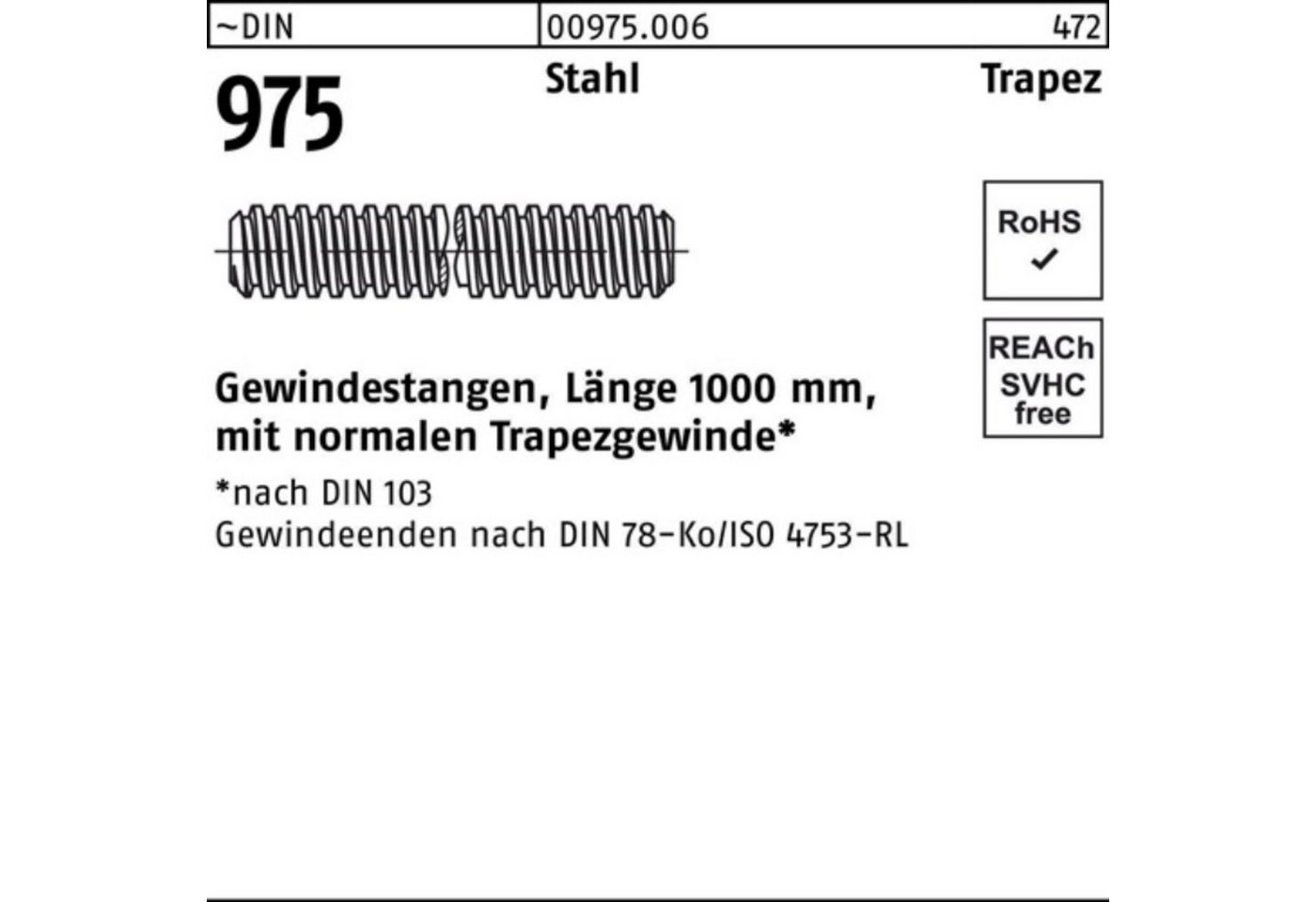 Reyher Gewindestange 100er Pack Gewindestange DIN 975 Trapezgewinde TR 14x 4x 1000mm Stahl von Reyher