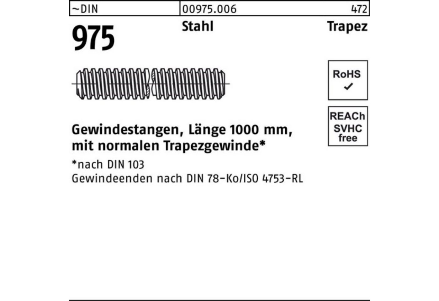 Reyher Gewindestange 100er Pack Gewindestange DIN 975 Trapezgewinde TR 24x 5x 1000mm Stahl von Reyher