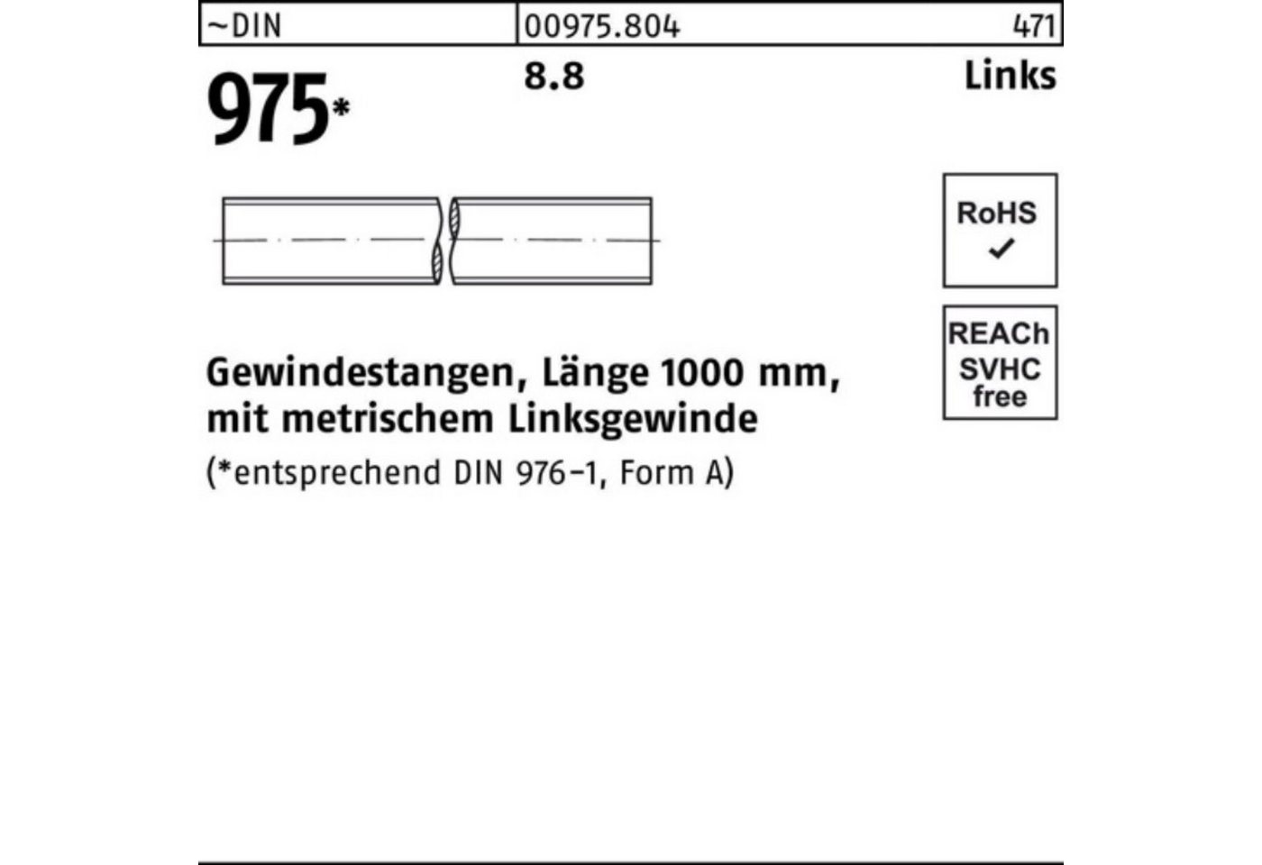 Reyher Gewindestange 100er Pack Gewindestange DIN 975 links M12 -LHx 1000mm 8.8 1 Stück ~D von Reyher