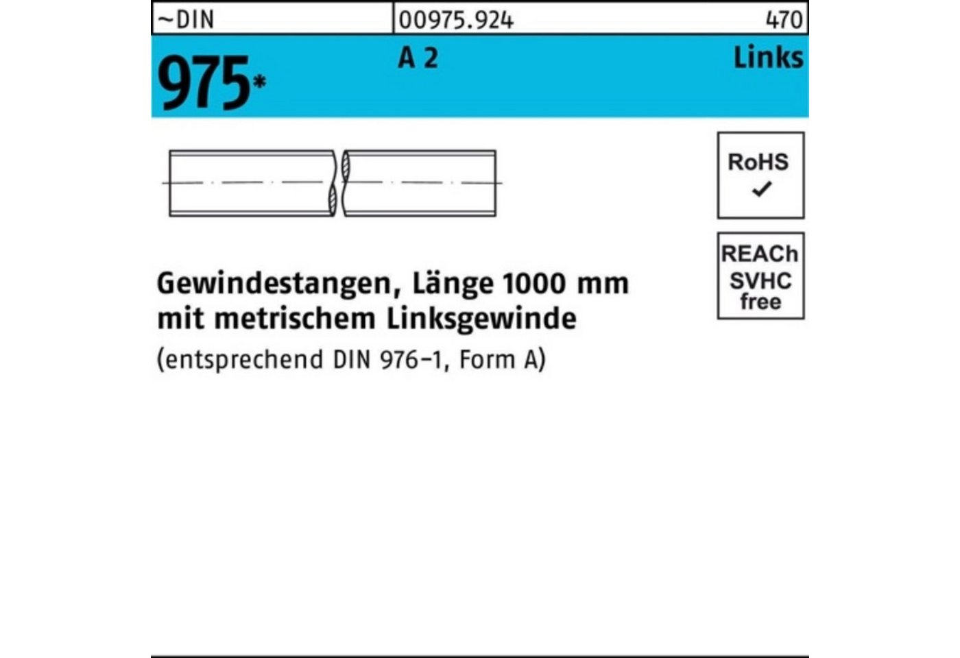 Reyher Gewindestange 100er Pack Gewindestange DIN 975 links M12 -LHx 1000mm A 2 1 Stück ~D von Reyher