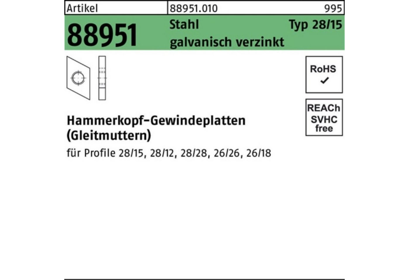 Reyher Hammer 100er Pack Hammerkopfgewindeplatte R 88951 Typ 28/15 M10 Stahl galv.ve von Reyher