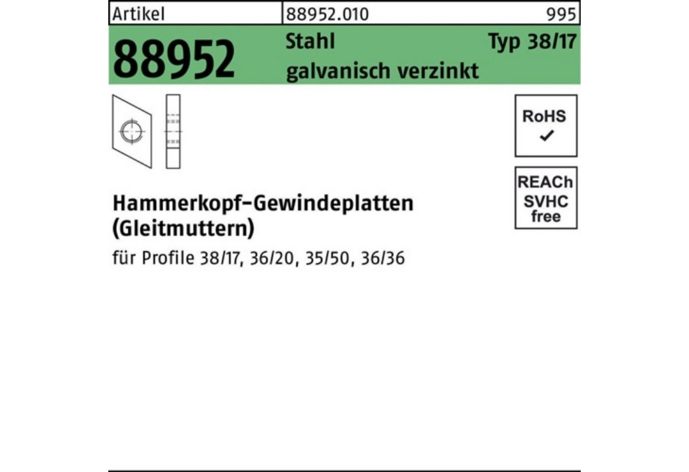 Reyher Hammer 100er Pack Hammerkopfgewindeplatte R 88952 Typ 38/17 M10 Stahl galv.ve von Reyher