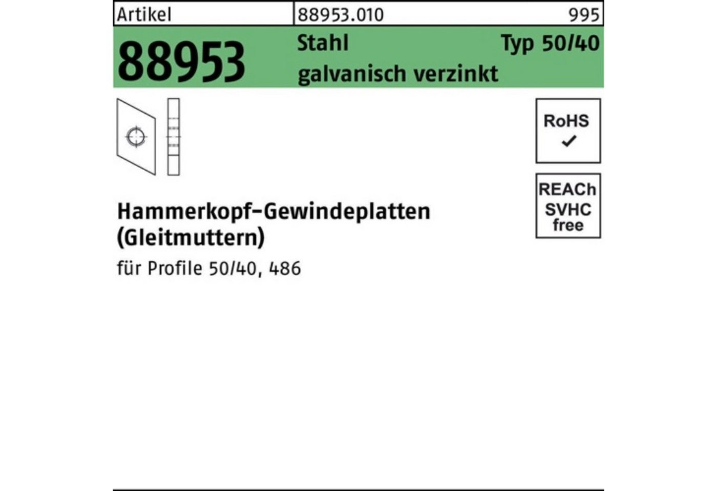 Reyher Hammer 100er Pack Hammerkopfgewindeplatte R 88953 Typ 50/40 M10 Stahl galv.ve von Reyher