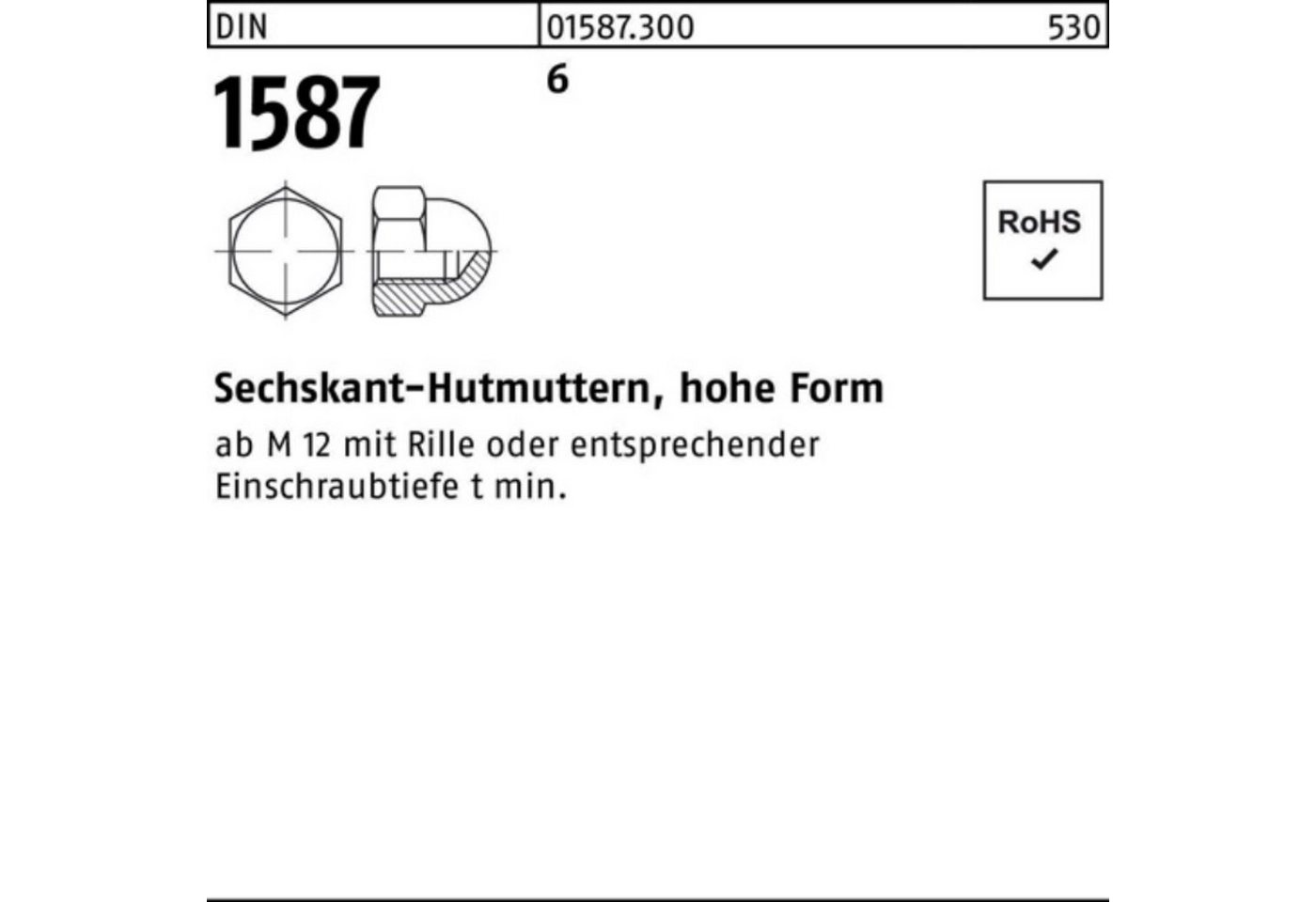 Reyher Hutmutter 100er Pack Sechskanthutmutter DIN 1587 M16 6 hohe Form50 Stück DIN 15 von Reyher