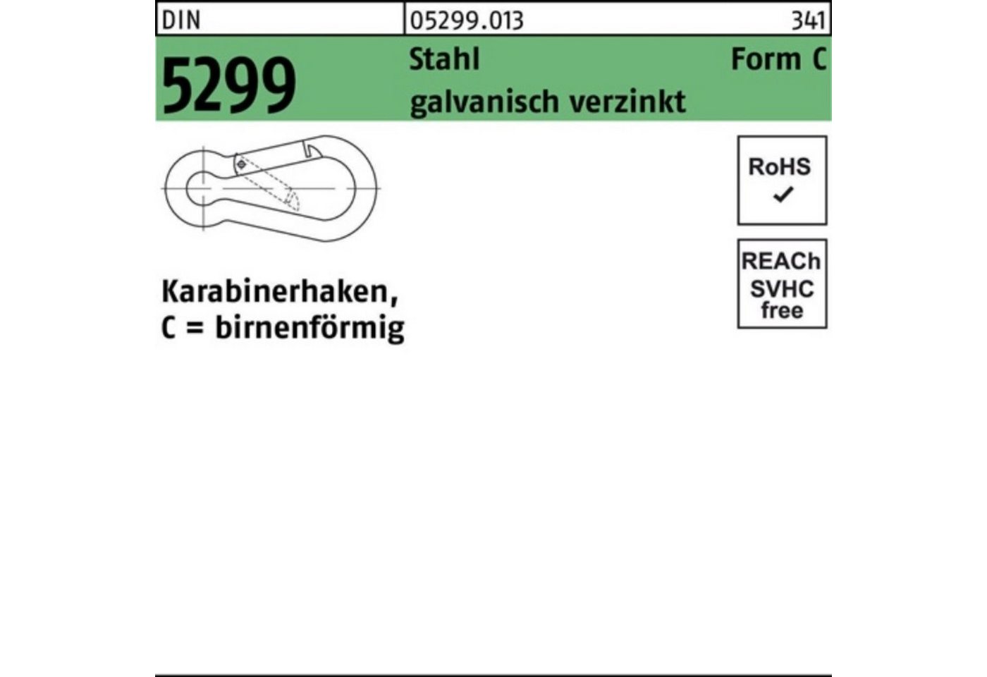 Reyher Karabiner 100er Pack Feuerwehrkarabinerhaken DIN 5299 FormC birnenförmig C 60x6 von Reyher