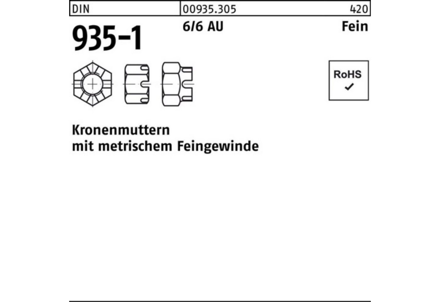 Reyher Kronenmutter 100er Pack Kronenmutter DIN 935-1 M45x 1,5 6 1 Stück DIN 935-1 6 Fein von Reyher