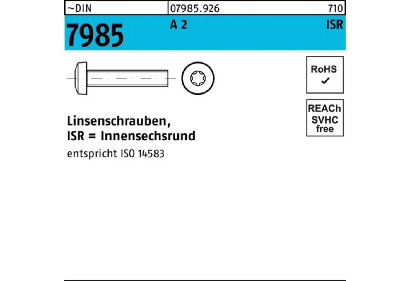 Reyher Linsenschraube 1000er Pack Linsenschraube DIN 7985 ISR M2,5x 20-T8 A 2 1000 Stück ~D von Reyher