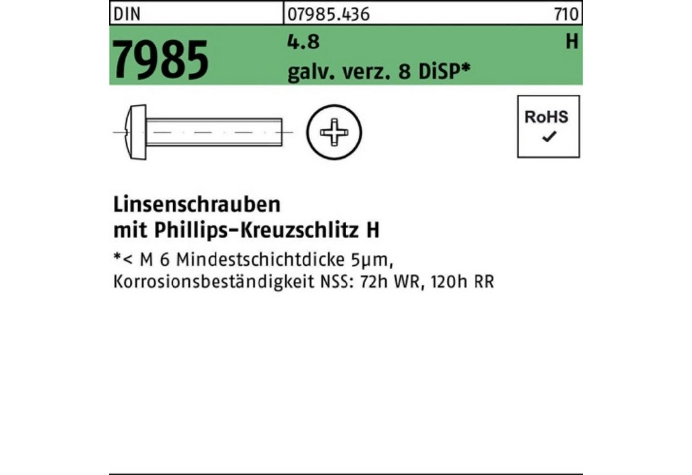 Reyher Linsenschraube 1000er Pack Linsenschraube DIN 7985 PH M4x30-H 4.8 galv.verz. 8 DiSP 1 von Reyher