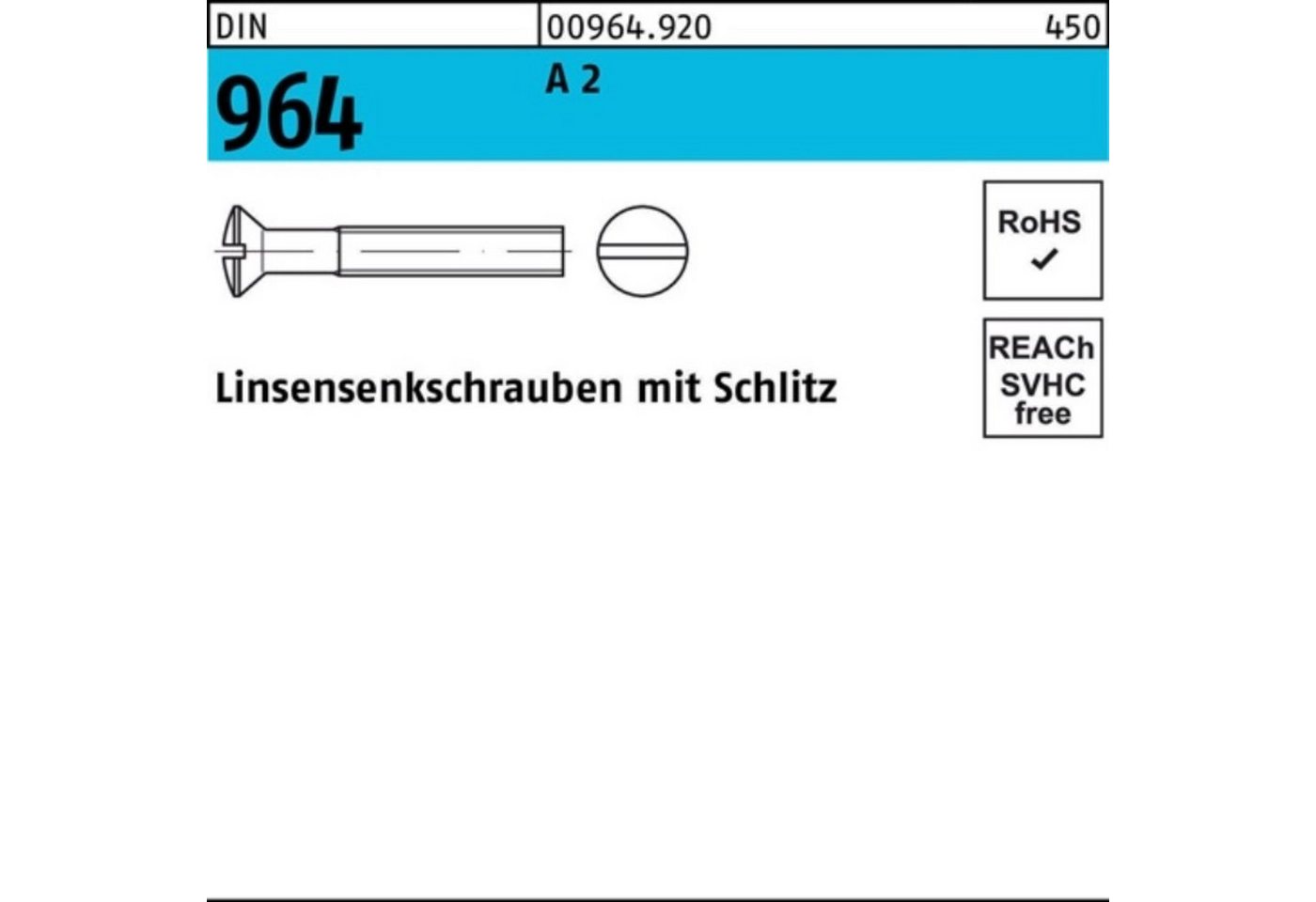 Reyher Linsenschraube 100er Pack Linsensenkschraube DIN 964 Schlitz M8x 20 A 2 50 Stück DIN von Reyher