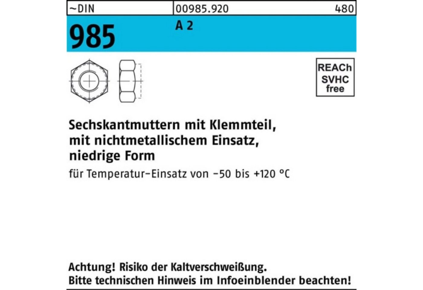 Reyher Muttern 1000er Pack Sechskantmutter DIN 985 Klemmteil M6 A 2 1000 Stück ~DIN von Reyher