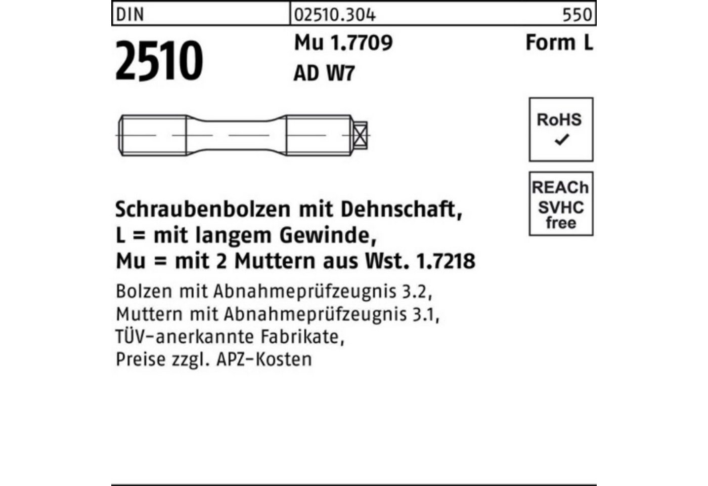 Reyher Muttern 100er Pack Schraubenbolzen DIN 2510 Dehnschaft/2Muttern LM 12x 65 Mu 1 von Reyher