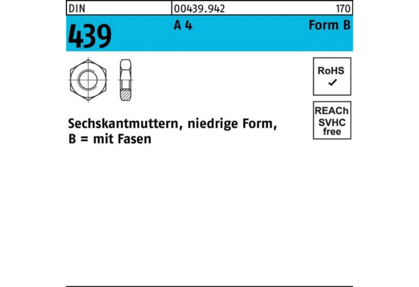 Reyher Muttern 100er Pack Sechskantmutter DIN 439/ISO 4035 FormB BM 2 A 4 100 Stück von Reyher