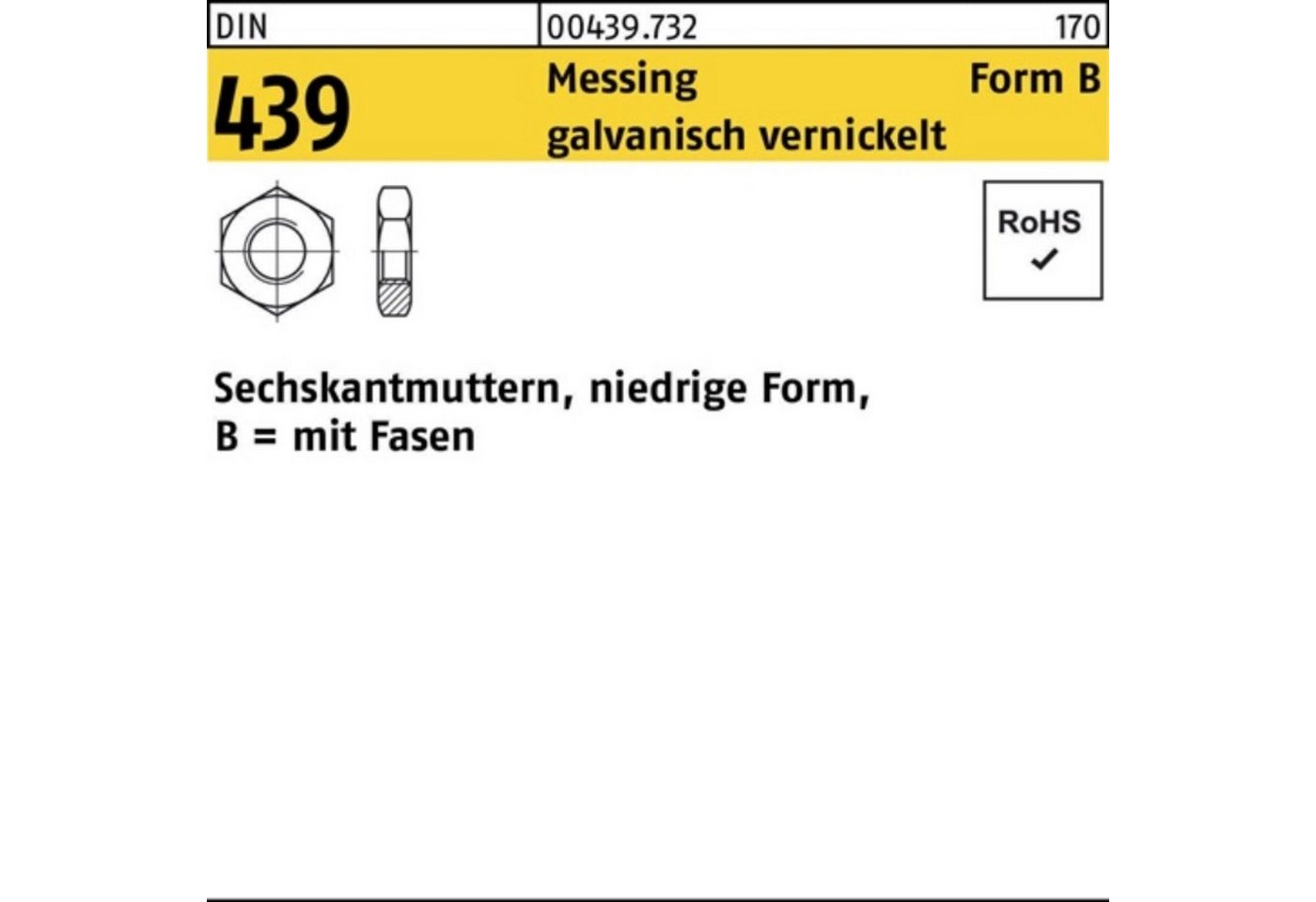 Reyher Muttern 100er Pack Sechskantmutter DIN 439/ISO 4035 FormB BM 3 Messing galv. v von Reyher