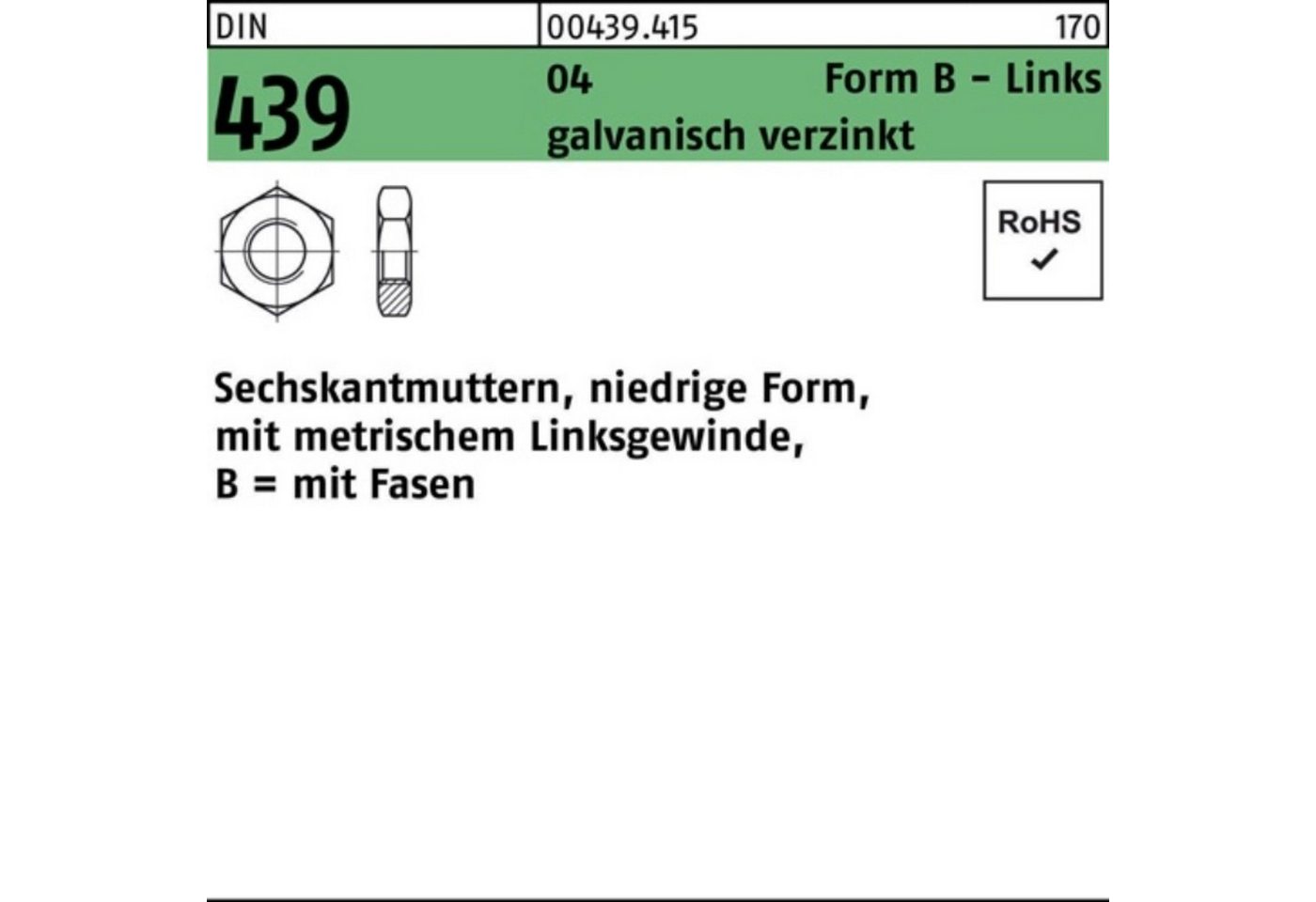 Reyher Muttern 100er Pack Sechskantmutter DIN 439 FormB links BM 36 Automatenstahl ga von Reyher