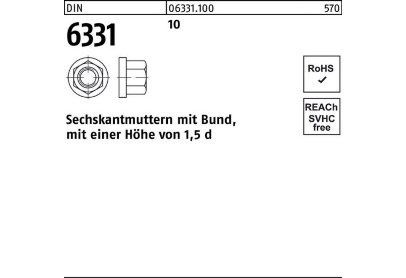 Reyher Muttern 100er Pack Sechskantmutter DIN 6331 Bund M22 SW 32 10 1 Stück DIN 633 von Reyher