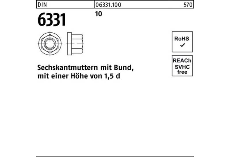 Reyher Muttern 100er Pack Sechskantmutter DIN 6331 Bund M36 SW 55 10 1 Stück DIN 633 von Reyher