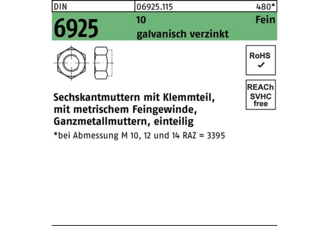 Reyher Muttern 100er Pack Sechskantmutter DIN 6925 Klemmteil M8x 1 10 galv.verz. 100 von Reyher