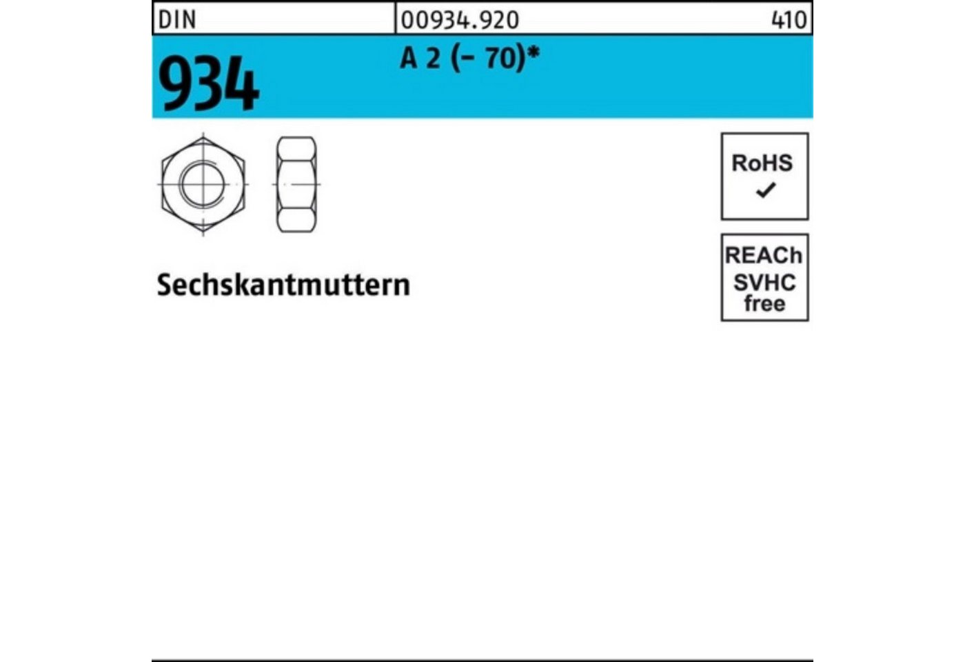 Reyher Muttern 100er Pack Sechskantmutter DIN 934 M48 A 2 (70) 1 Stück DIN 934 A 2 von Reyher