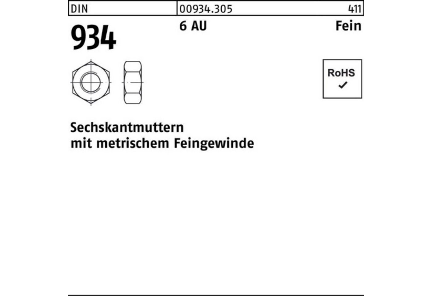 Reyher Muttern 100er Pack Sechskantmutter DIN 934 M52x 1,5 6 Automatenstahl 1 Stück von Reyher