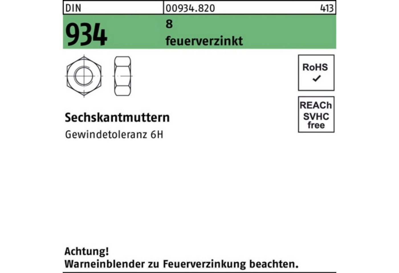 Reyher Muttern 100er Pack Sechskantmutter DIN 934 M56 8 feuerverz. 1 Stück DIN 934 8 von Reyher