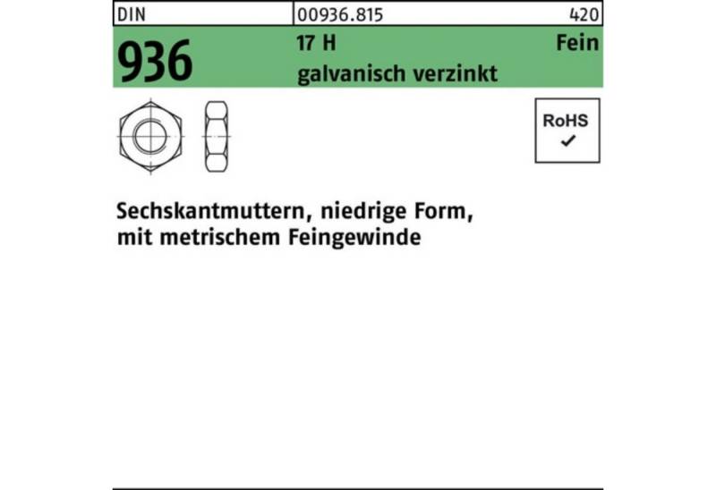 Reyher Muttern 100er Pack Sechskantmutter DIN 936 M30x 1,5 17 H galv.verz. 25 Stück von Reyher