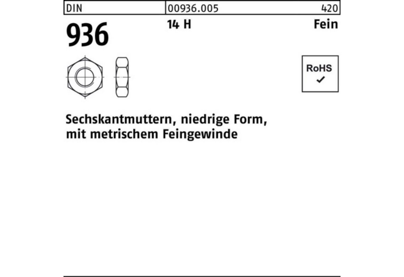 Reyher Muttern 100er Pack Sechskantmutter DIN 936 M48x 1,5 14 H 1 Stück DIN 936 14 H von Reyher