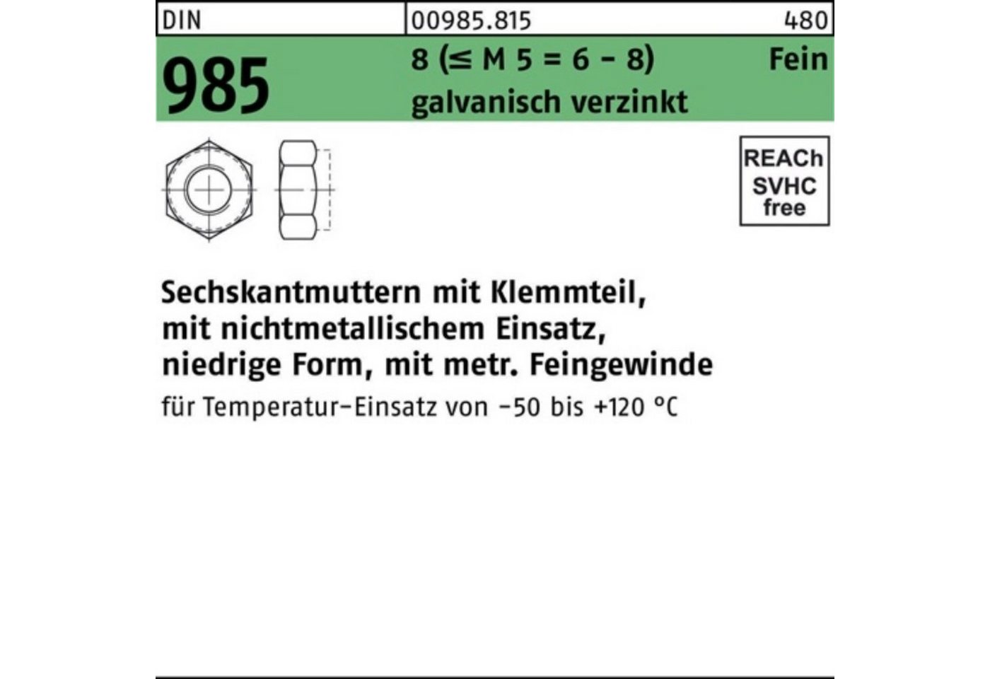 Reyher Muttern 100er Pack Sechskantmutter DIN 985 Klemmteil M45x3 8 (M 5 = 6/8) gal von Reyher