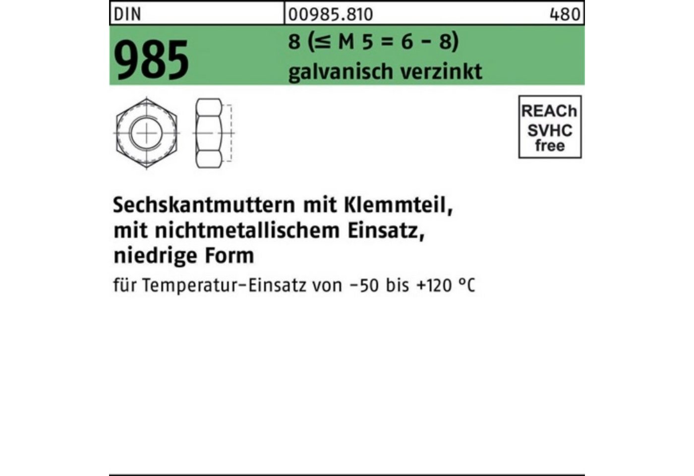 Reyher Muttern 100er Pack Sechskantmutter DIN 985 Klemmteil M48 8 (M 5 = 6/8) galv. von Reyher