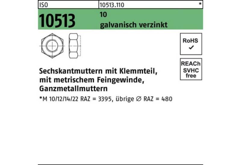 Reyher Muttern 100er Pack Sechskantmutter ISO 10513/DIN 6925 Klemmteil M12x1,5 10 gal von Reyher
