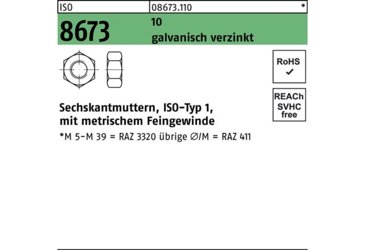 Reyher Muttern 100er Pack Sechskantmutter ISO 8673 M14x 1,5 10 galv.verz. 100 Stück von Reyher