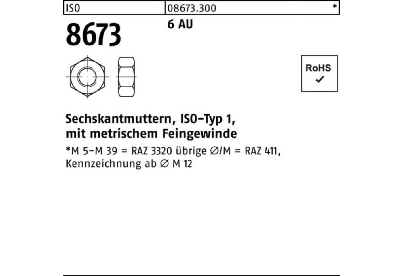 Reyher Muttern 100er Pack Sechskantmutter ISO 8673 M52x 1,5 6 Automatenstahl 1 Stück von Reyher