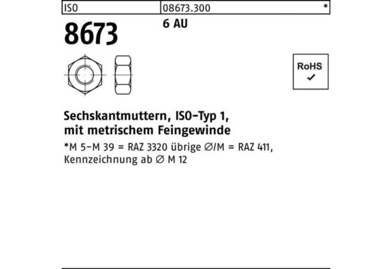 Reyher Muttern 100er Pack Sechskantmutter ISO 8673 M52x 1,5 6 Automatenstahl 1 Stück von Reyher