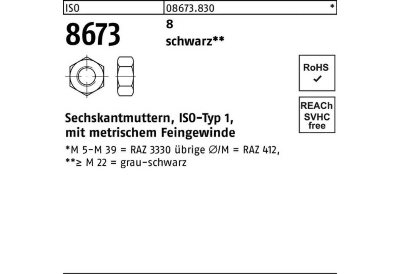 Reyher Muttern 100er Pack Sechskantmutter ISO 8673 M64x 4 8 sw 1 Stück ISO 8673 8 sc von Reyher