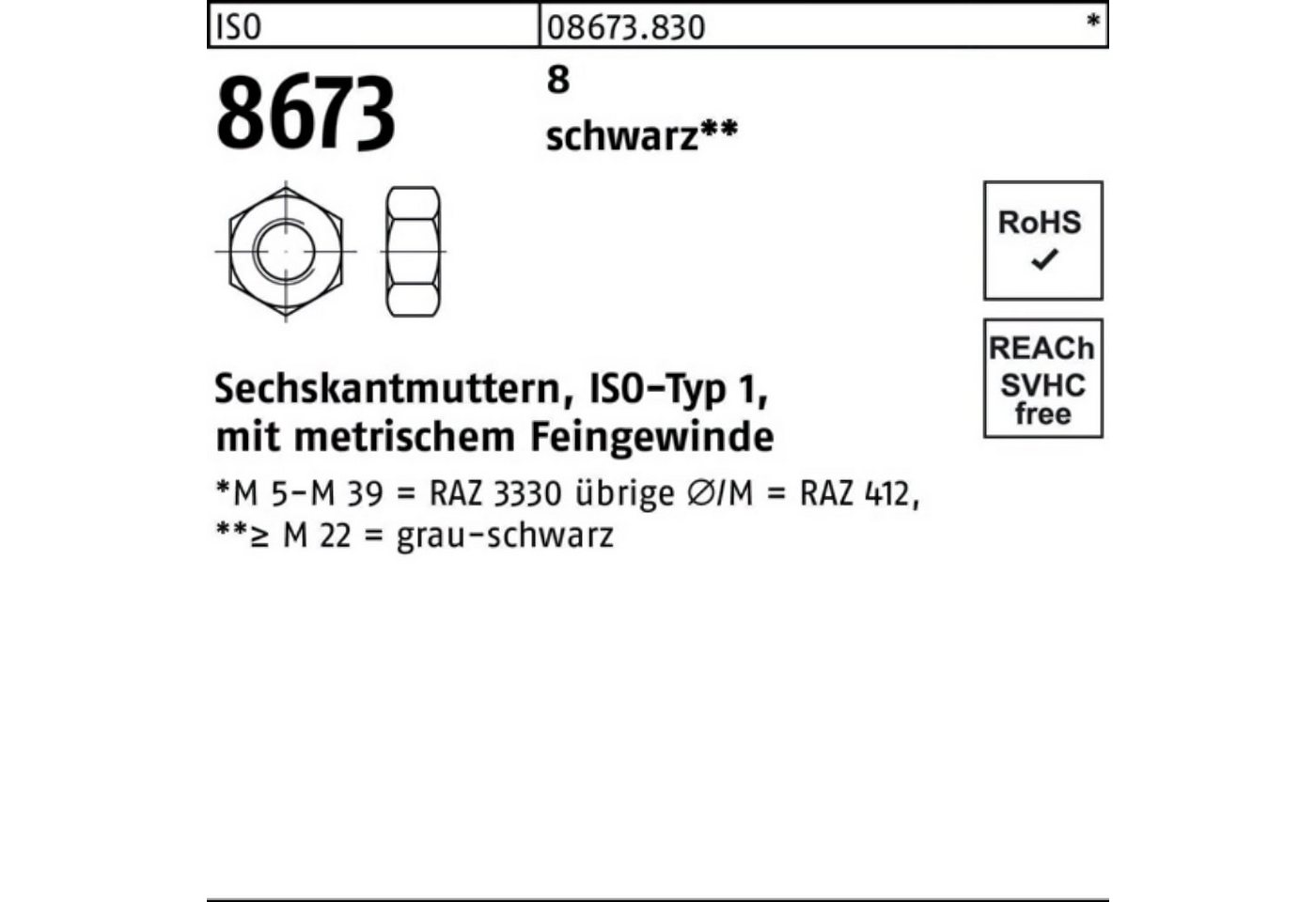 Reyher Muttern 100er Pack Sechskantmutter ISO 8673 M80x 6 8 sw 1 Stück ISO 8673 8 sc von Reyher