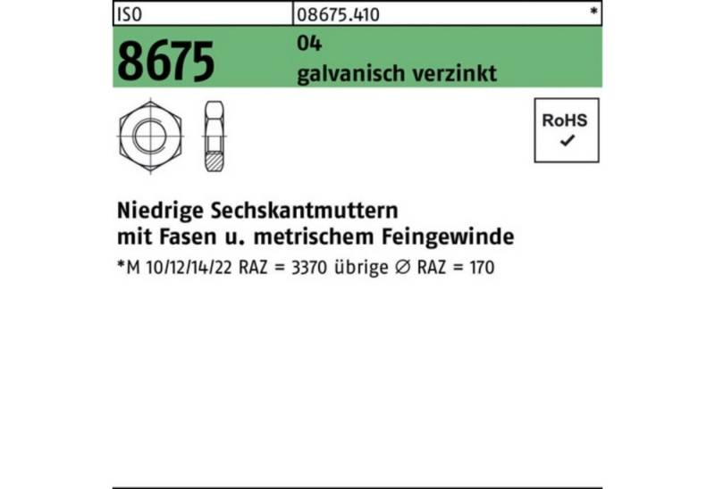 Reyher Muttern 100er Pack Sechskantmutter ISO 8675 Fasen M16x1,5 Automatenstahl galv. von Reyher