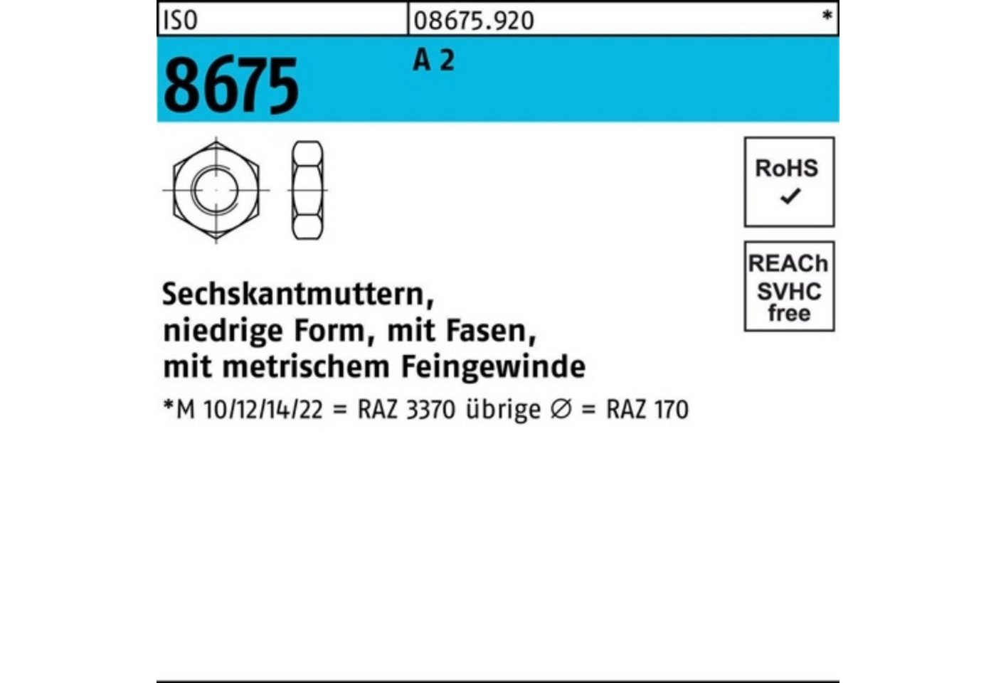 Reyher Muttern 100er Pack Sechskantmutter ISO 8675 Fasen M30x 2 A 2 10 Stück ISO 867 von Reyher