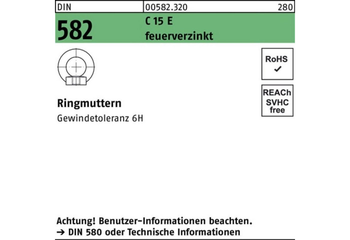 Reyher Ringmutter 100er Pack Ringmutter DIN 582 M12 C 15 E feuerverz. 10 Stück DIN 582 von Reyher