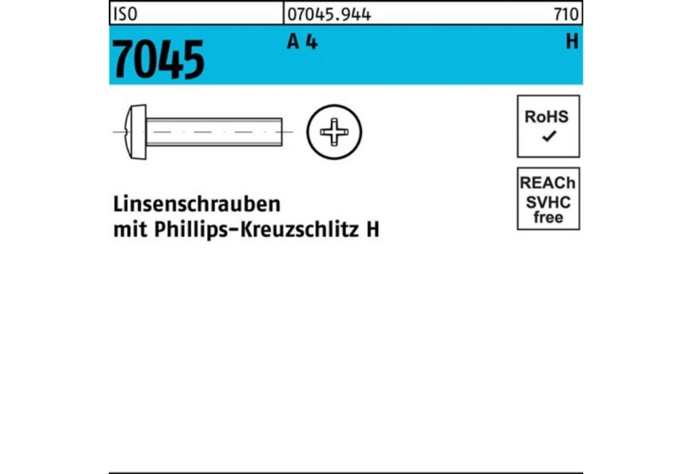 Reyher Schraube 1000er Pack Flachkopfschraube ISO 7045 PH M1,6x 8-H A 4 1000 Stück IS von Reyher