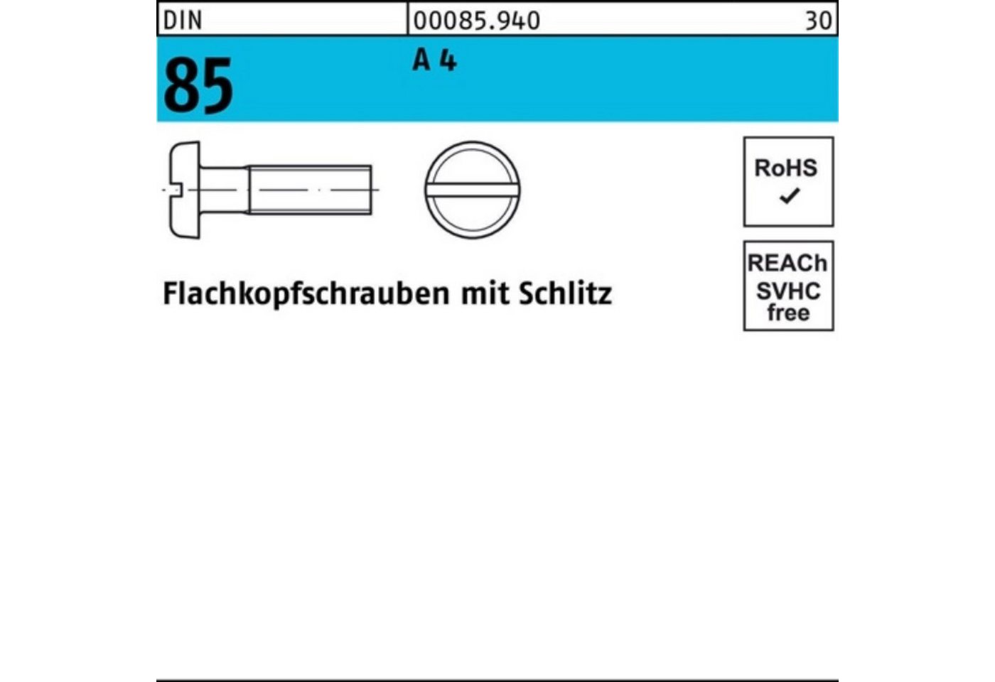 Reyher Schraube 100er Pack Flachkopfschraube DIN 85/ISO 1580 Schlitz M8x 20 A 4 50 St von Reyher