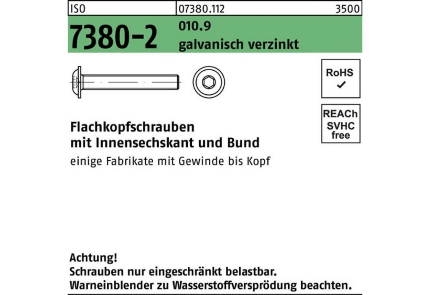 Reyher Schraube 100er Pack Flachkopfschraube ISO 7380-2 Bund/Innen-6kt M12x20 010.9 ga von Reyher