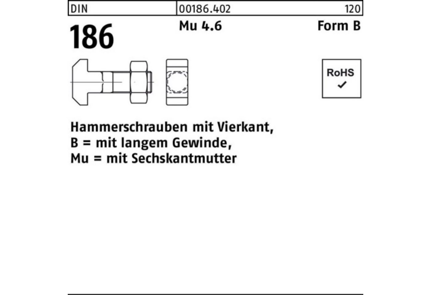 Reyher Schraube 100er Pack Hammerschraube DIN 186 FormB Vierkant 6-ktmutter BM 16x 60 von Reyher