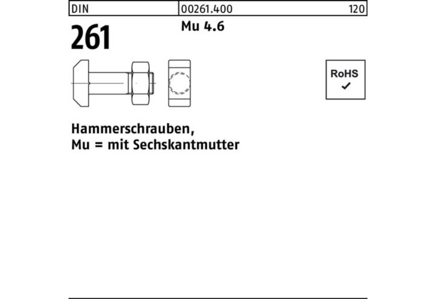 Reyher Schraube 100er Pack Hammerschraube DIN 261 Sechskantmutter M12x 40 Mu 4.6 10 St von Reyher