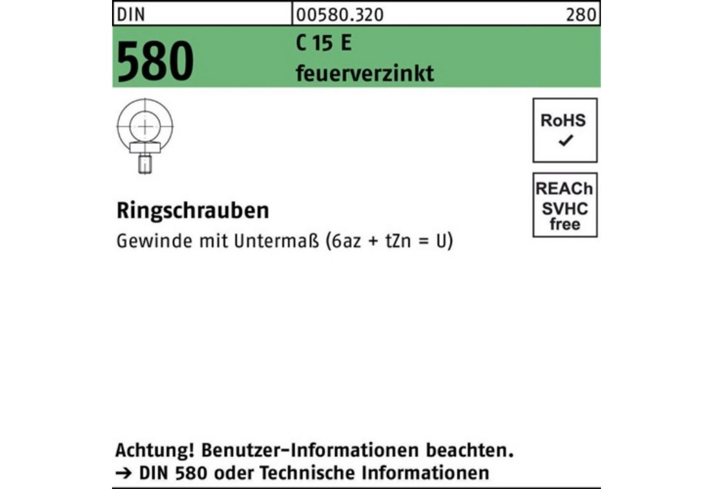 Reyher Schraube 100er Pack Ringschraube DIN 580 M10 C 15 E feuerverz. 25 Stück DIN 58 von Reyher