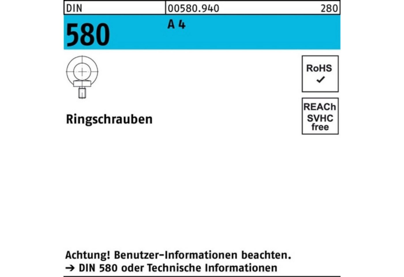 Reyher Schraube 100er Pack Ringschraube DIN 580 M12 A 4 1 Stück DIN 580 A 4 Ringschra von Reyher