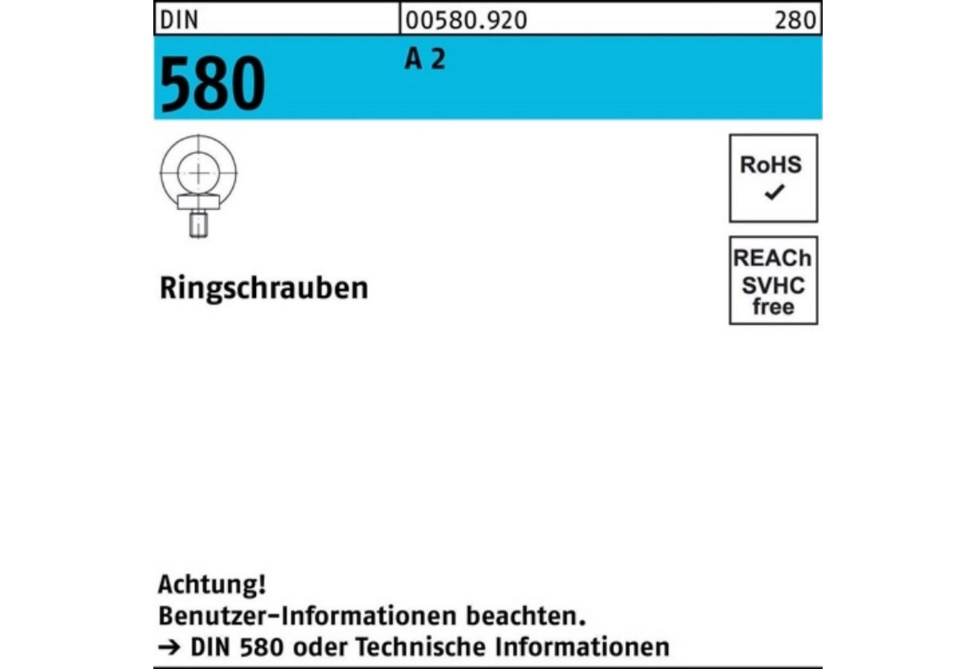 Reyher Schraube 100er Pack Ringschraube DIN 580 M16 A 2 1 Stück DIN 580 A 2 Ringschra von Reyher