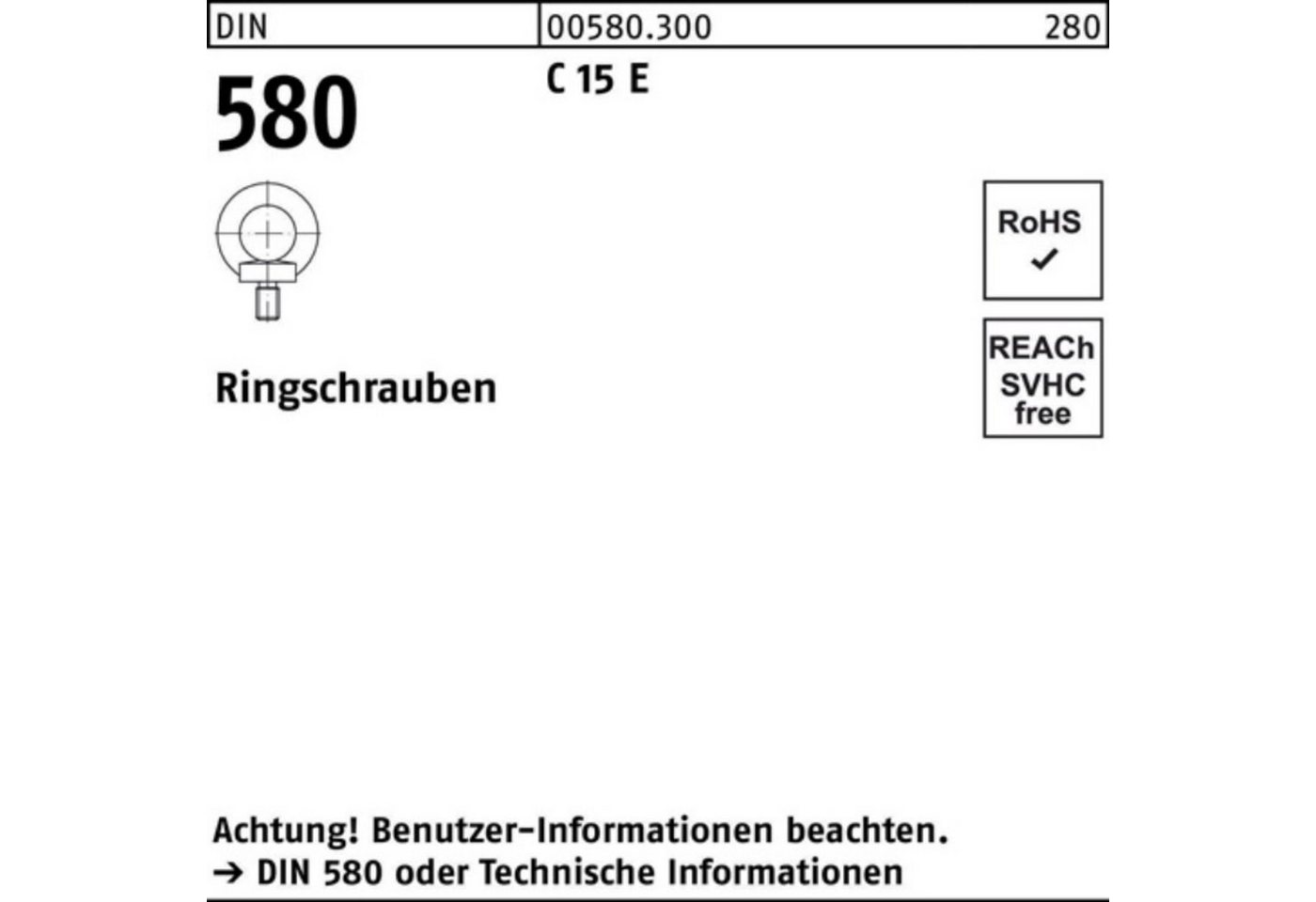 Reyher Schraube 100er Pack Ringschraube DIN 580 M18 C 15 E 1 Stück DIN 580 C 15 E Rin von Reyher